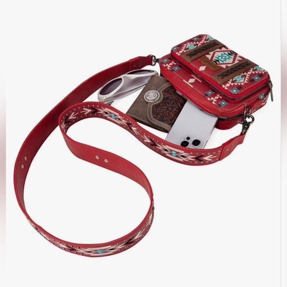 Wrangler Crossbody Bag Boho Aztec Small MultiPocket Crossover Purse, Burgundy - Picture 7 of 10